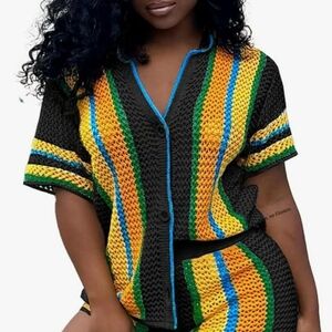 KNITTED COLORFUL STRIPED BUTTON DOWN CROCHET SHIRT. UNBRANDED. SIZE X-LARGE.